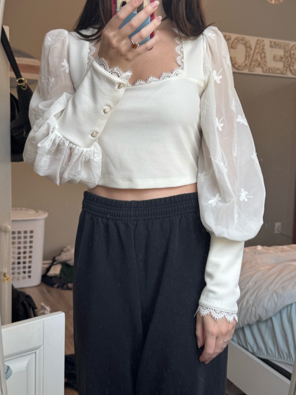 Ivory Bell Sleeve Lace Trim Cropped Top